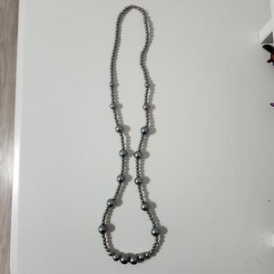 Gray Round Beaded Twist Lock Barrel Necklace Graduated Long Silver Tone